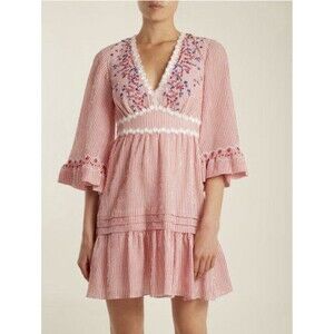 Saloni NWOT Red White Striped Ruffle June Embroidered Cotton Date Dress 4